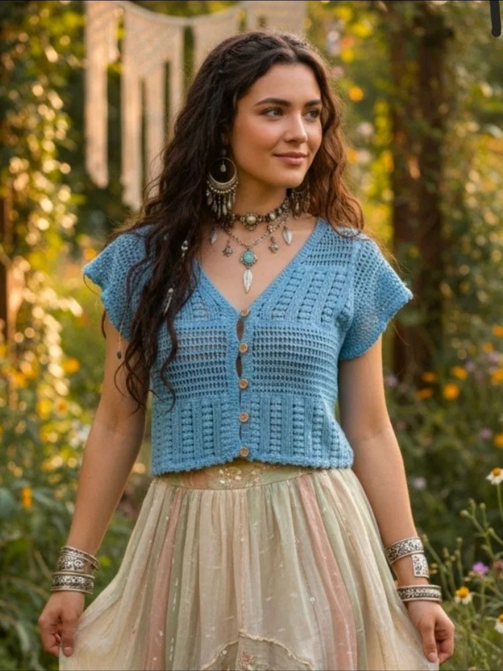 Crochet Blue Cropped Knit Button Cardigan